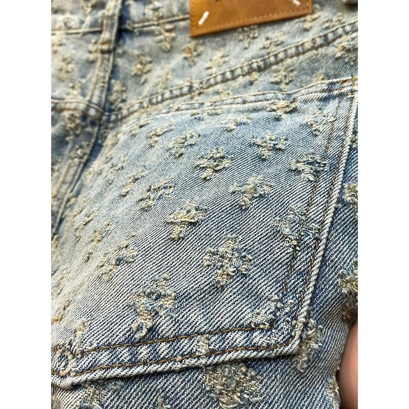 Denim Shorts Men's Summer Loose Straight Ripped Jacquard High-End Mid-Length Pants