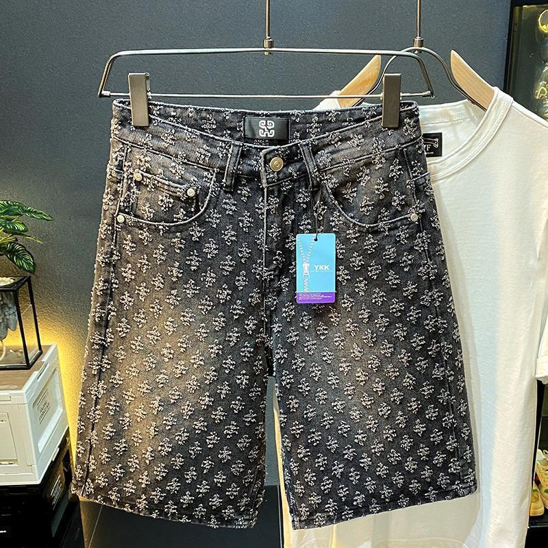 Denim Shorts Men's Summer Loose Straight Ripped Jacquard High-End Mid-Length Pants