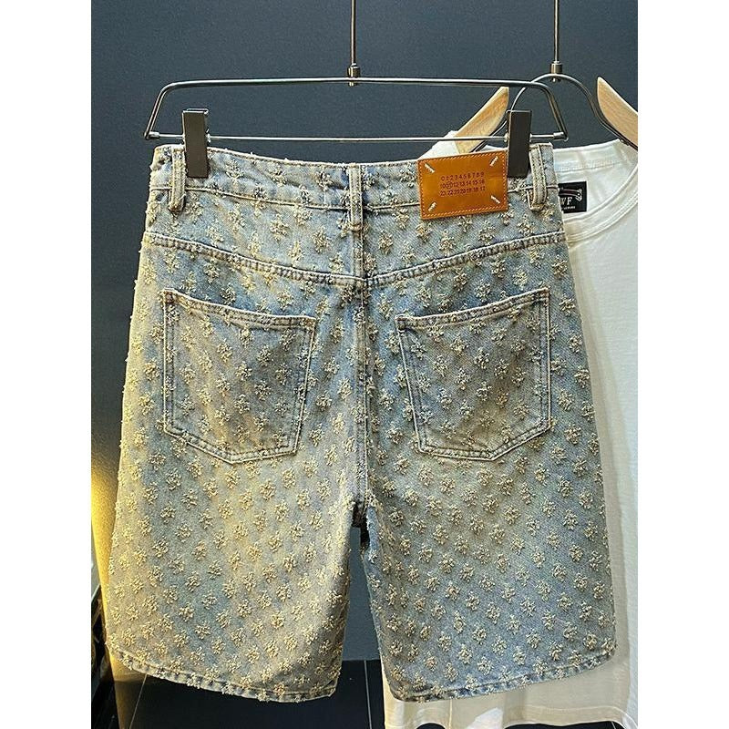 Denim Shorts Men's Summer Loose Straight Ripped Jacquard High-End Mid-Length Pants