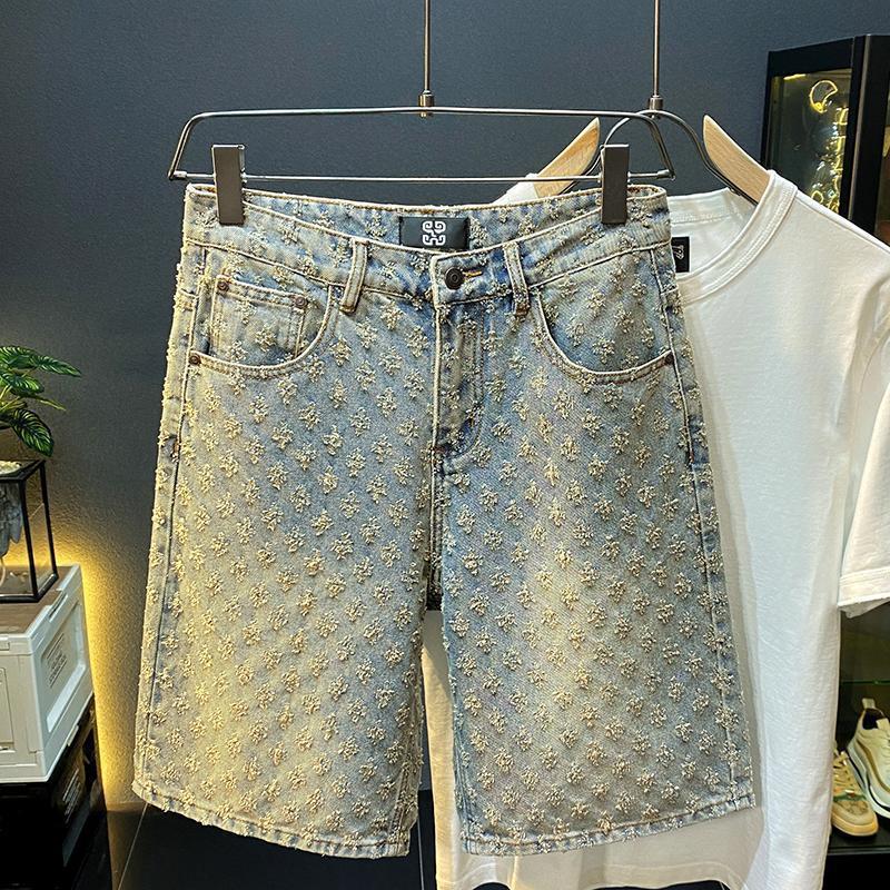 Denim Shorts Men's Summer Loose Straight Ripped Jacquard High-End Mid-Length Pants