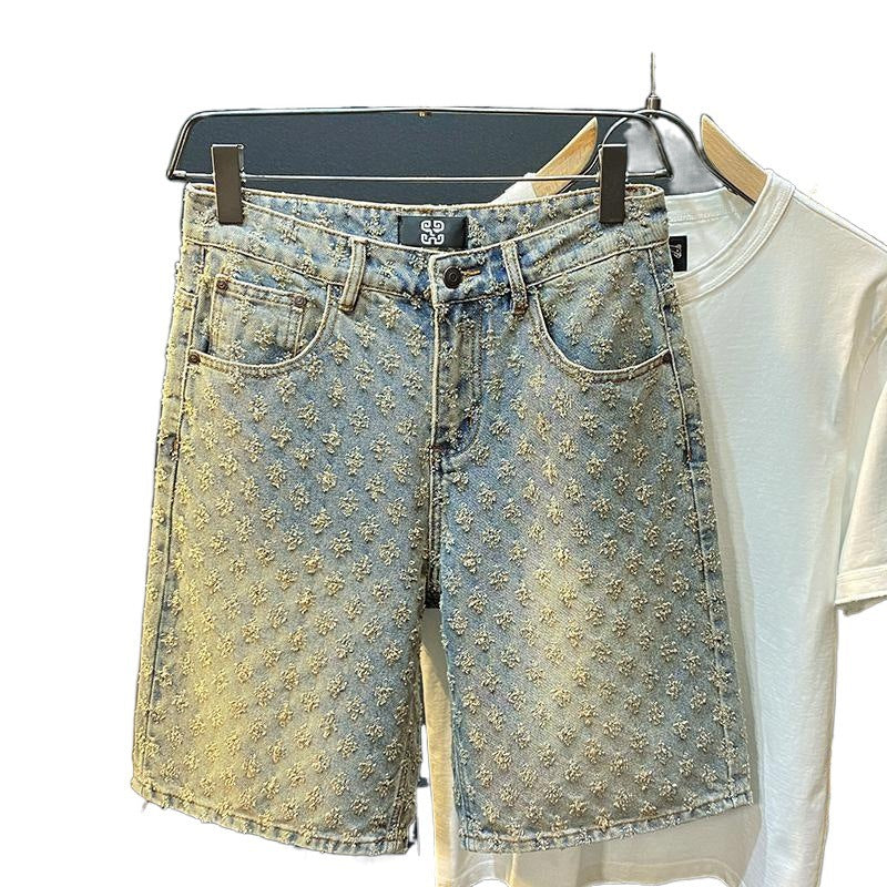 Denim Shorts Men's Summer Loose Straight Ripped Jacquard High-End Mid-Length Pants