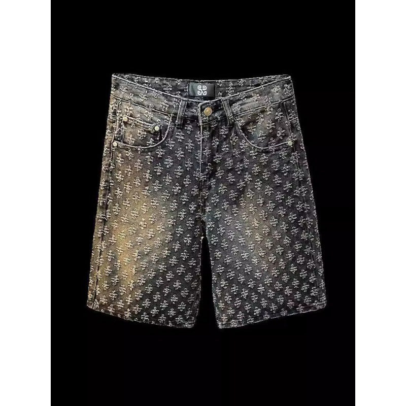 Denim Shorts Men's Summer Loose Straight Ripped Jacquard High-End Mid-Length Pants