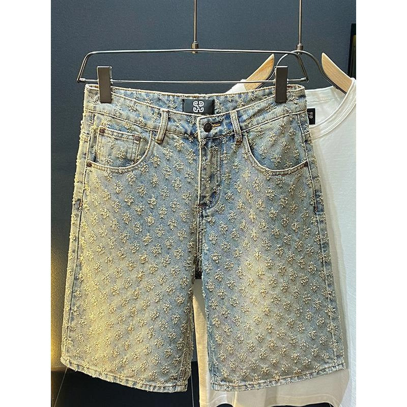 Denim Shorts Men's Summer Loose Straight Ripped Jacquard High-End Mid-Length Pants